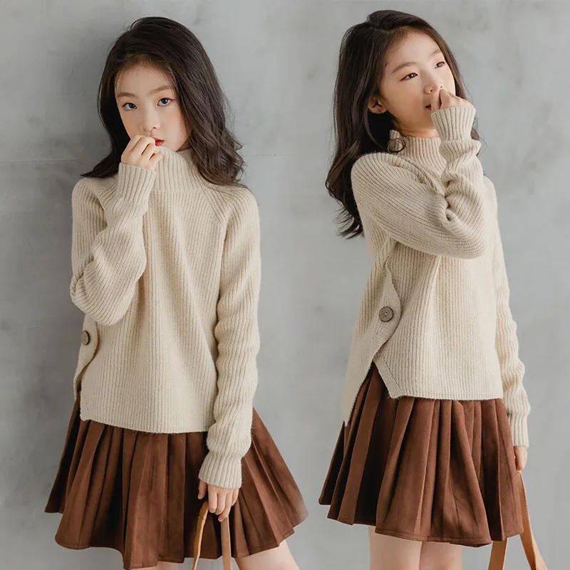 

A.Girls Winter Korean Style Children's Clothing Girl High Neck Split Warm Knitted Top Pleated Skirt Set Wholesale