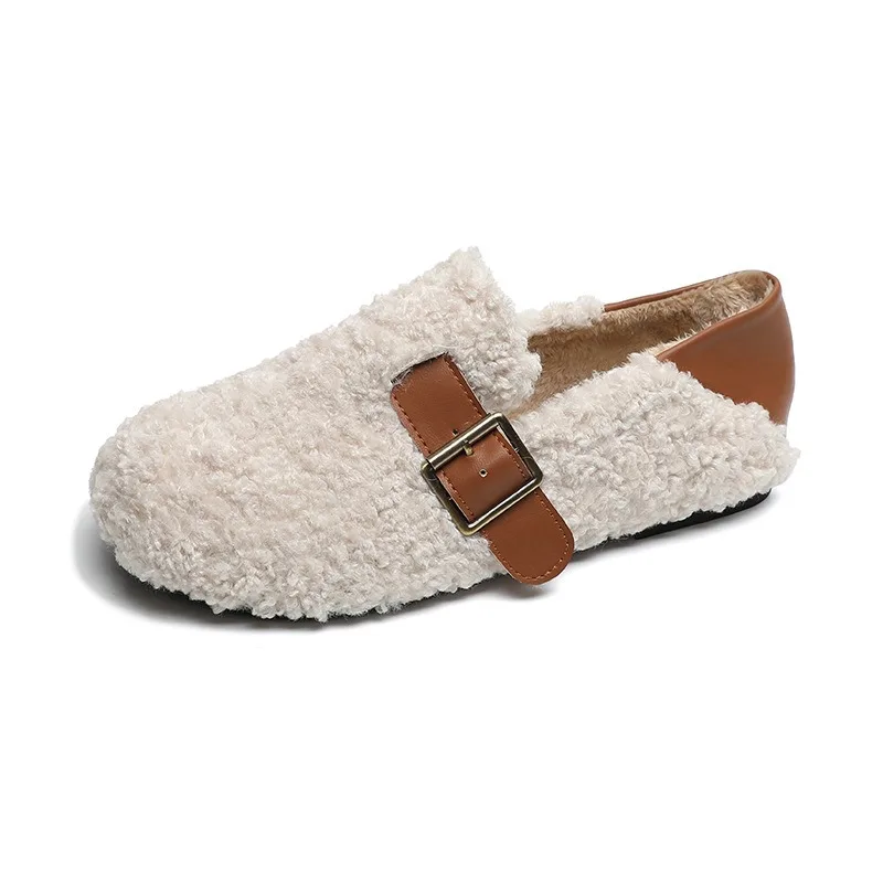 Women's White Retro Lamb Wool Flat Loafers Chic Round Toe Casual Warm Loafers 2025 Autumn Outdoor Comfort Soft Sole Cotton Shoes