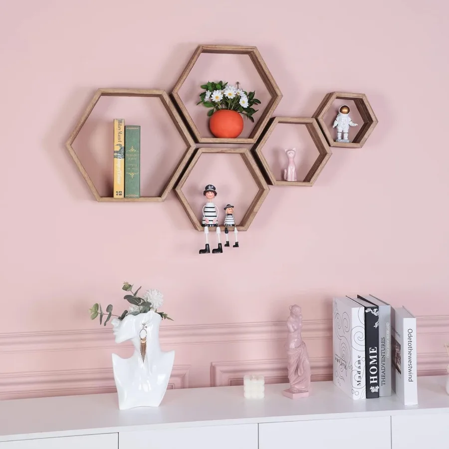 Hexagon Floating Shelves,Honeycomb Shelf Set of 5,Octagon Shelves Wall Mounted Hanging Storage Cube Wood for Bathroom Kitchen