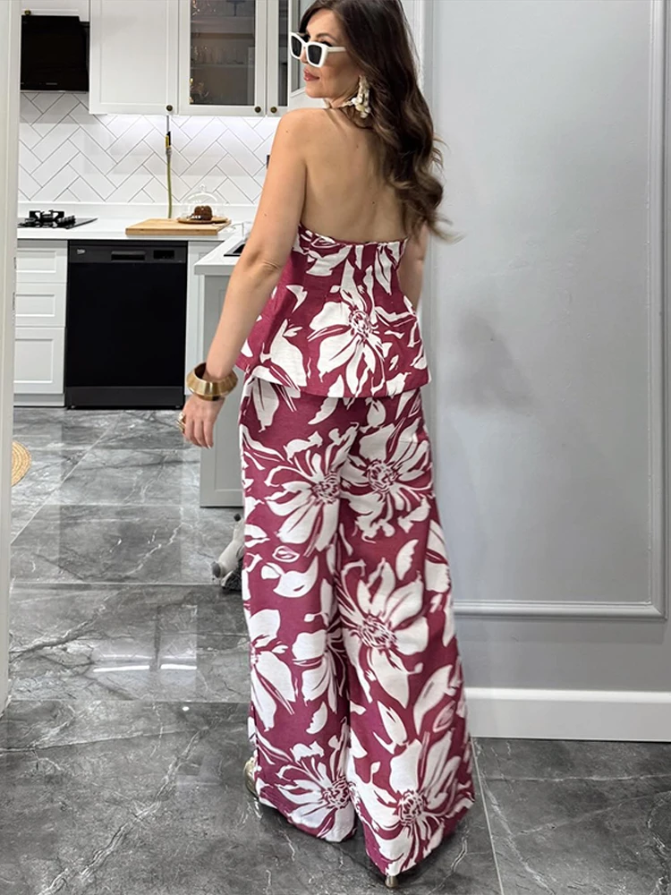 

Casual Printed Halter Top Long Pant Set Women Fashion Sleeveless Buttons Tops Wide Leg Pants Sets Female 2025 Chic Street Outfit