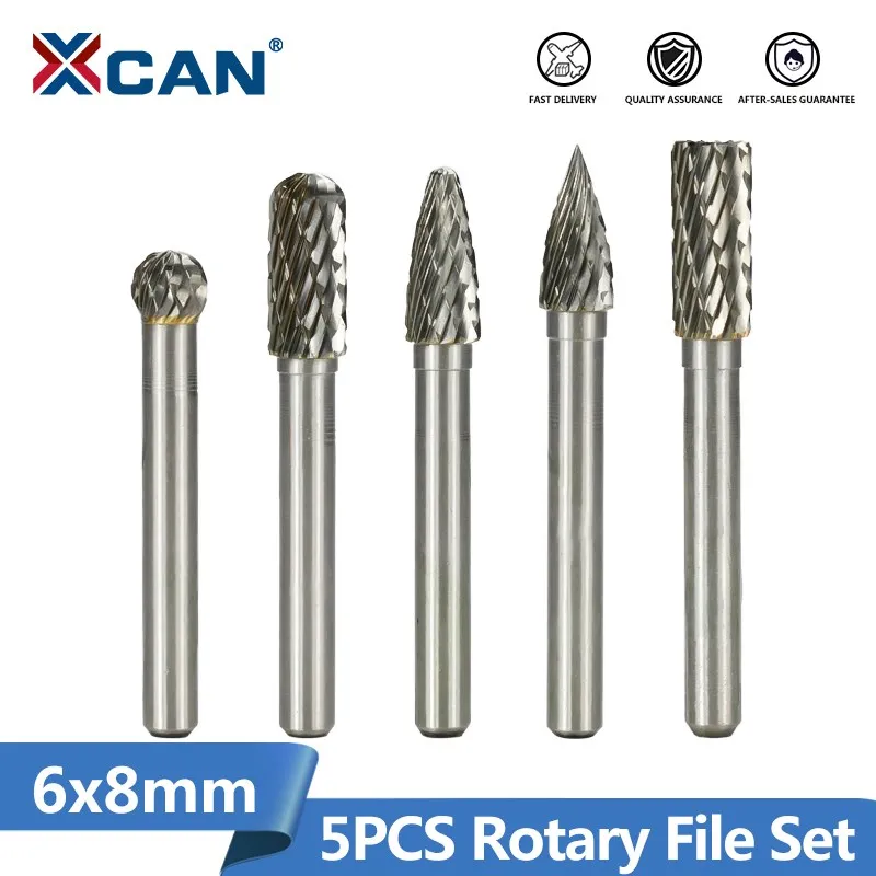 XCAN Rotary File Set 6mm Shank Carbide Burrs Type A C D F G Double Cut Rotary Burr for Metal Wood Milling Hand Tools