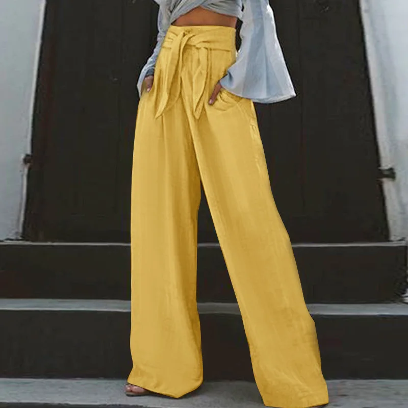 Vintage Drawstring Wide Leg Long Cotton Linen Pants Summer Female Retro Solid Loose Long Trousers JYFS-2743