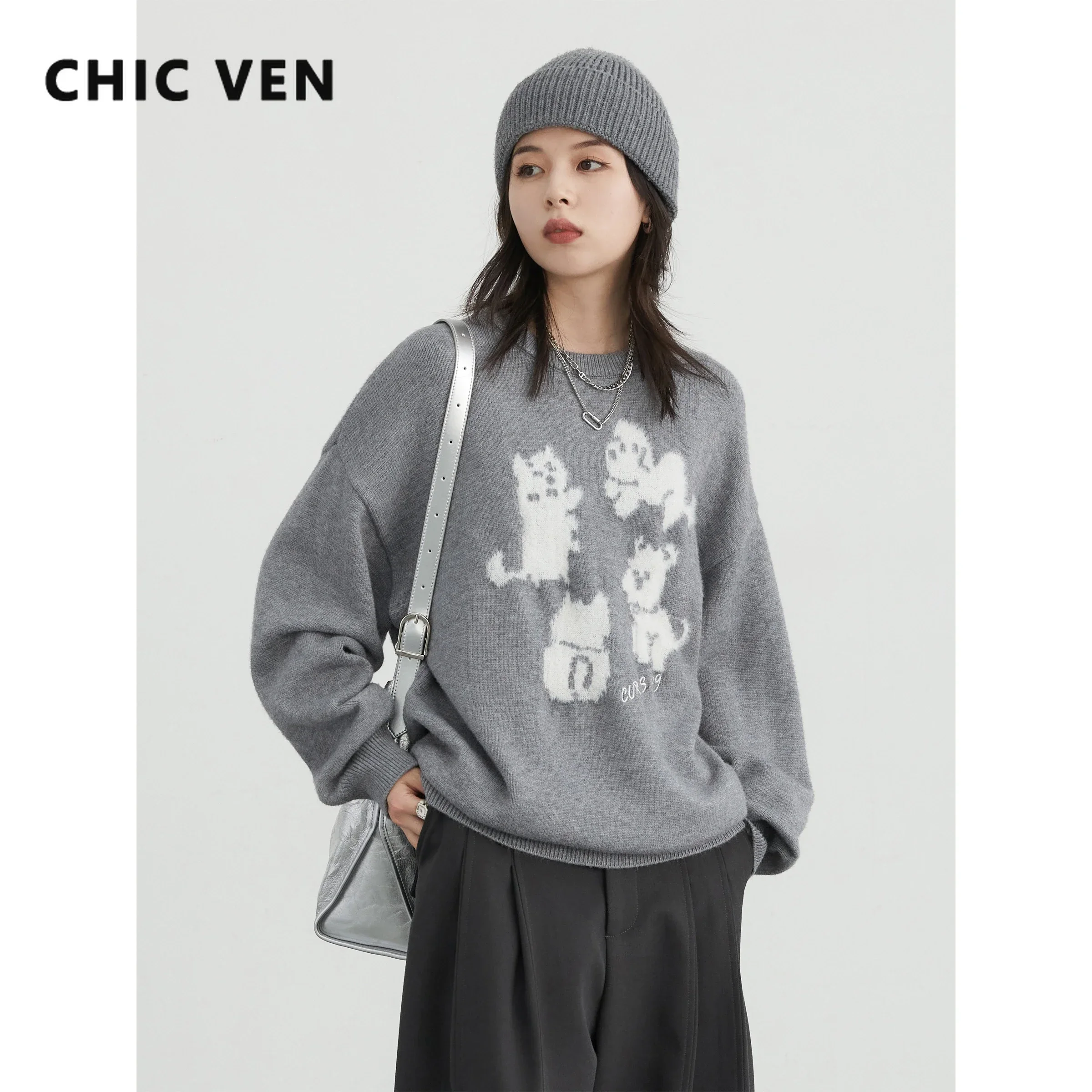 CHIC VEN Korean Women Sweaters Loose Casual Pullovers Round Neck Dog Embroidery Soft Female Knitted Jumpers Spring Autumn 2024