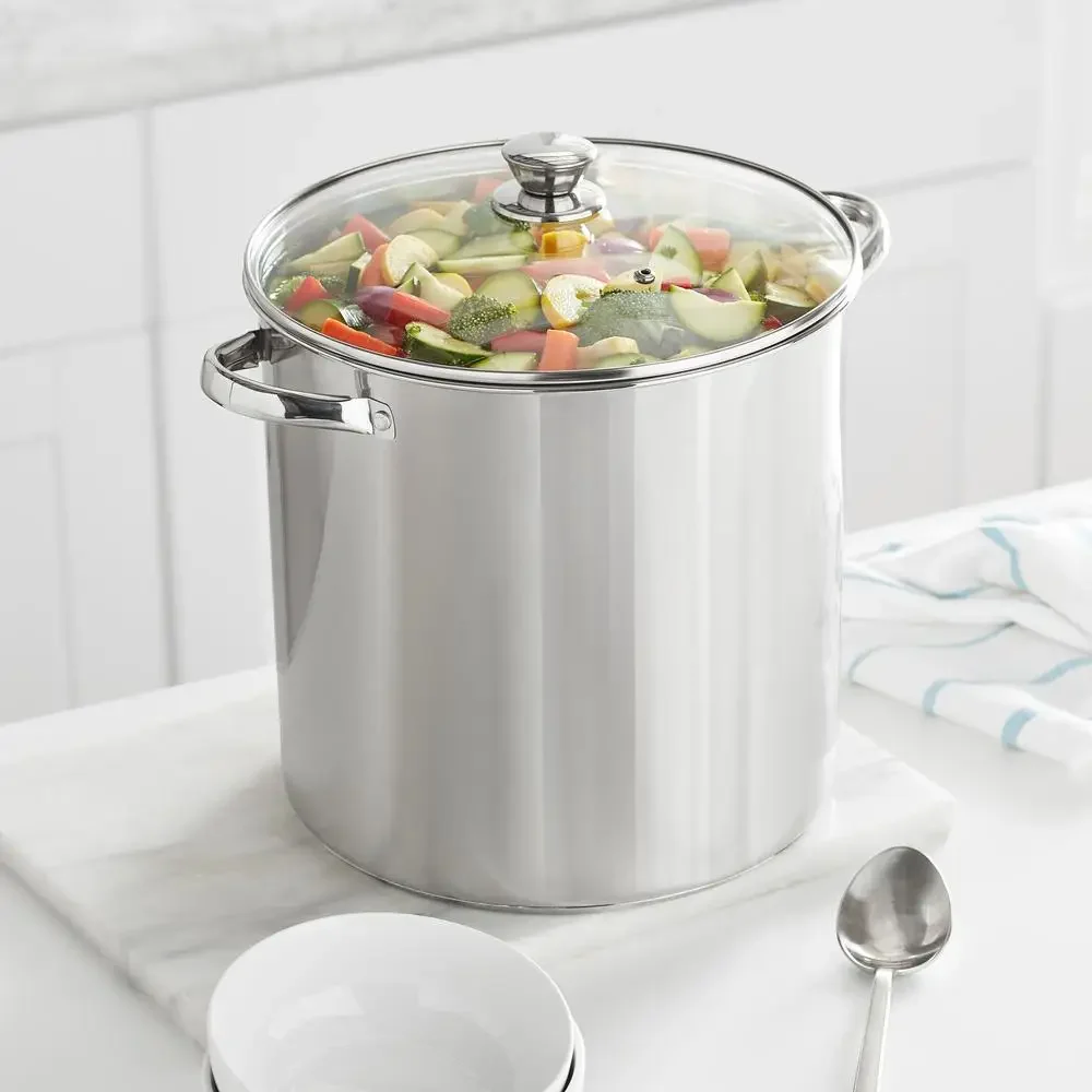 16-Quart Stainless Steel Stock Pot with Glass Lid Sauces Soups Pastas Induction Ready & Stylish Design Large Size Family Meals &