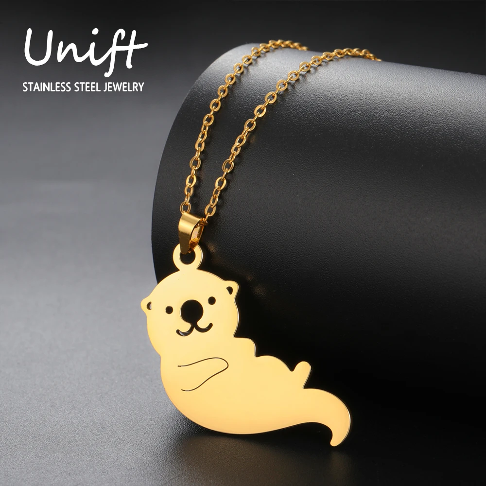 Unift Cute Sea Otter Pendant Necklace Stainless Steel Women Neck Chain Lucky Spirit Animal Jewelry Fashion Trendy Accessories