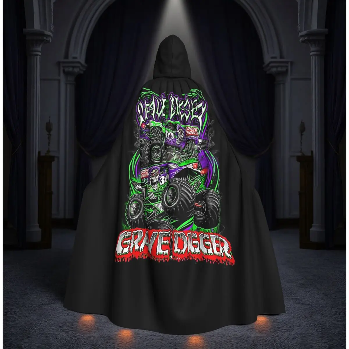 

Classic Monster Jam Pattern Long Hooded Cloak Witch Medieval Costume Cosplay Cape HalloweenVampire Adult Unisex