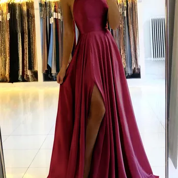 Burgundy Satin Beach Maxi Women Dress for Christmas Sexy Side Slit Adjustable Straps Evening Prom Dress Cheap Bridesmaid Dresses