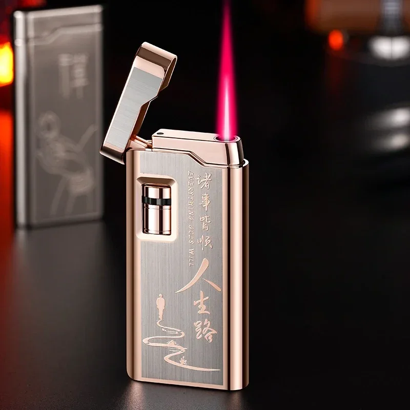 2023 Metal Windproof Direct Punch Red Flame Turbo Torch Butane Gas Lighter Pulley Ball Ignition Lighter Unusual Gift for Men