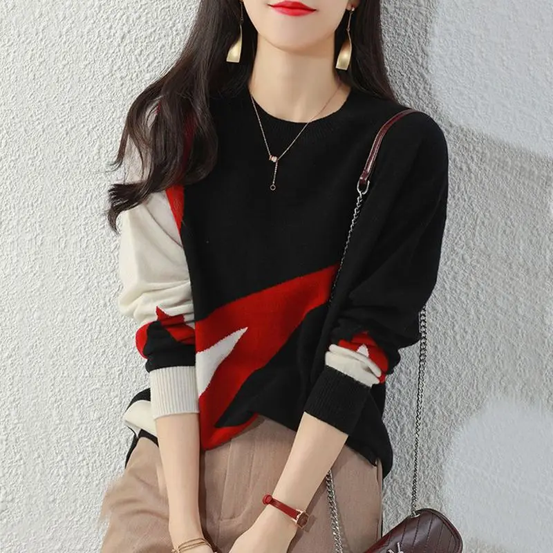 

Модные цветные контрастные осенние вязаные свитера женские новые классические свободные универсальные рубашки с длинными рукавами JJ447