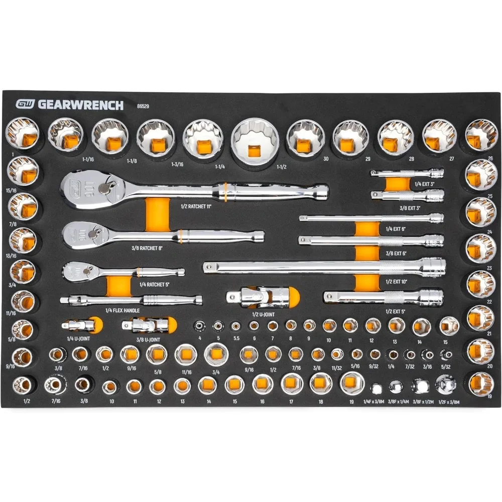 

83 Pc. 1/4, 3/8", 1/2" 90-Tooth SAE/Metric Mechanics Tool Set with EVA Foam Tray - 86529