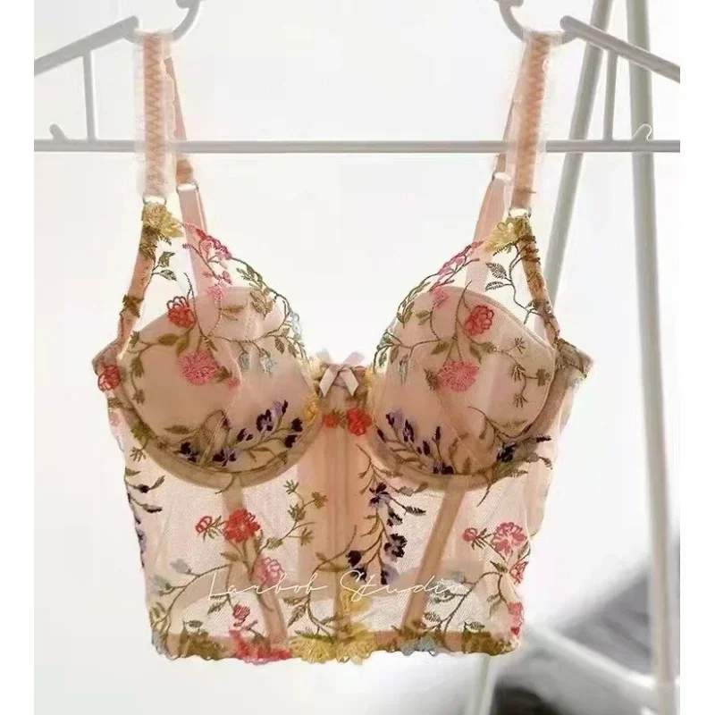 French Sexy Retro Lingerie Women'S Thin Floral Embroidered Underwire Bra