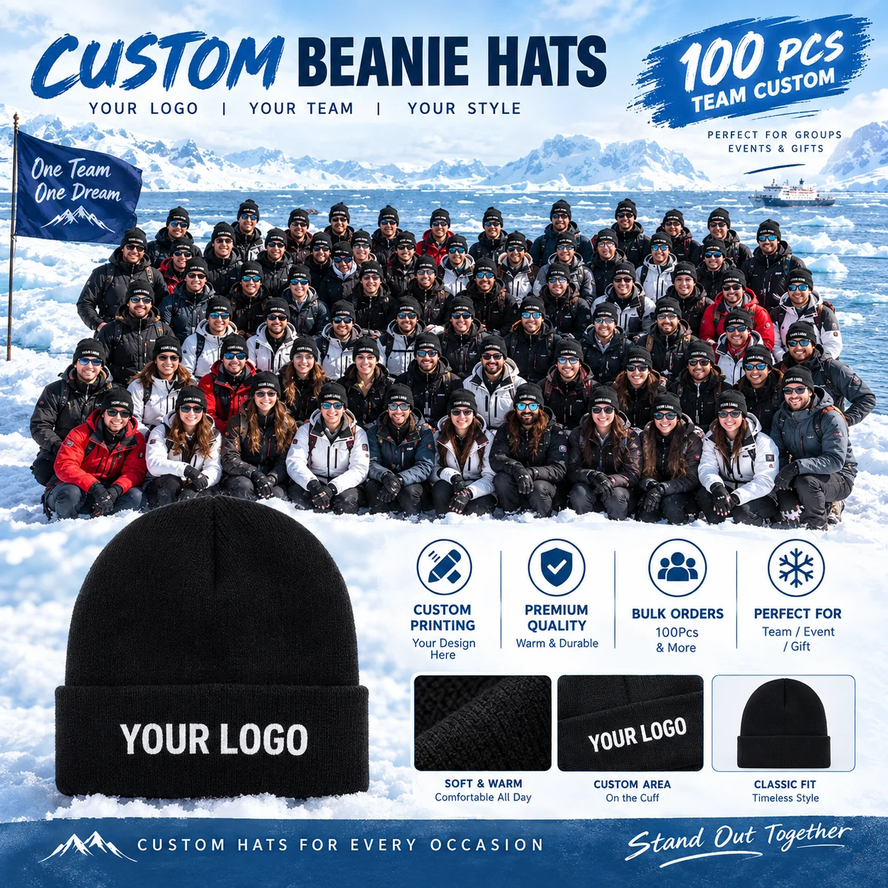 100 custom knit hats, can print personal or team logos, perfect for teams, companies, events, and group gifts