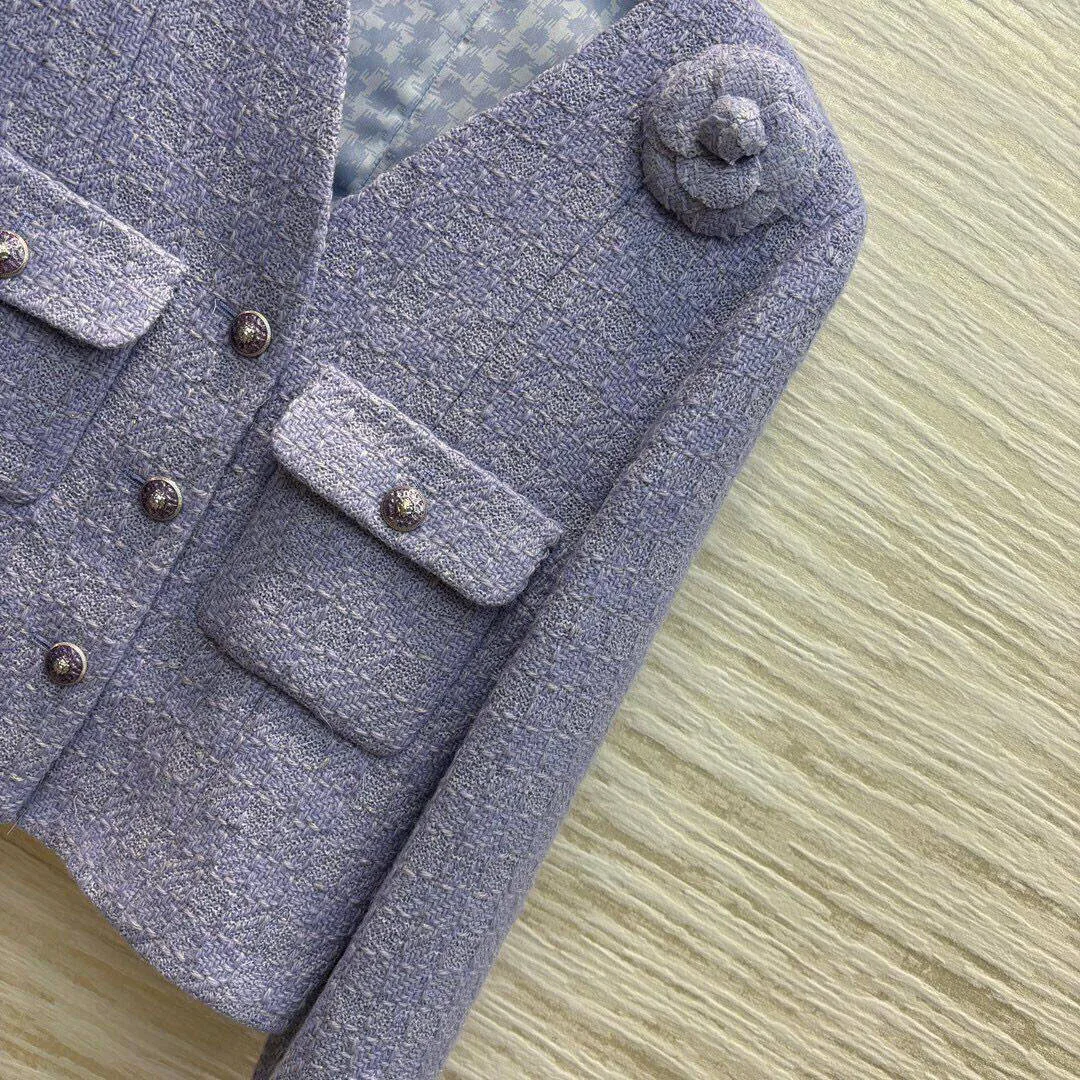 2024 Early Autumn Purple Wool Blends Tweed Jacket Women V-neck Long Sleeve Flower Brooch Patchwork Houndstooth Cuff Retro Coat