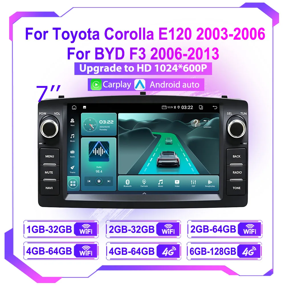 Android 15 Car Radio For Toyota Corolla E120 2003-2006 BYD F3 2006-2013 GPS Navigation Wireless CarPlay Android Auto 2din Player