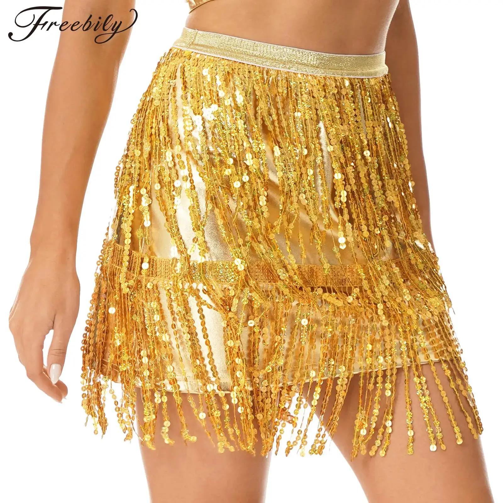 Womens Sparkly Sequin Tassel Skirt Latin Dance Performance Costume Elastic Waistband Patent Leather Fringed Skirts Clubwear