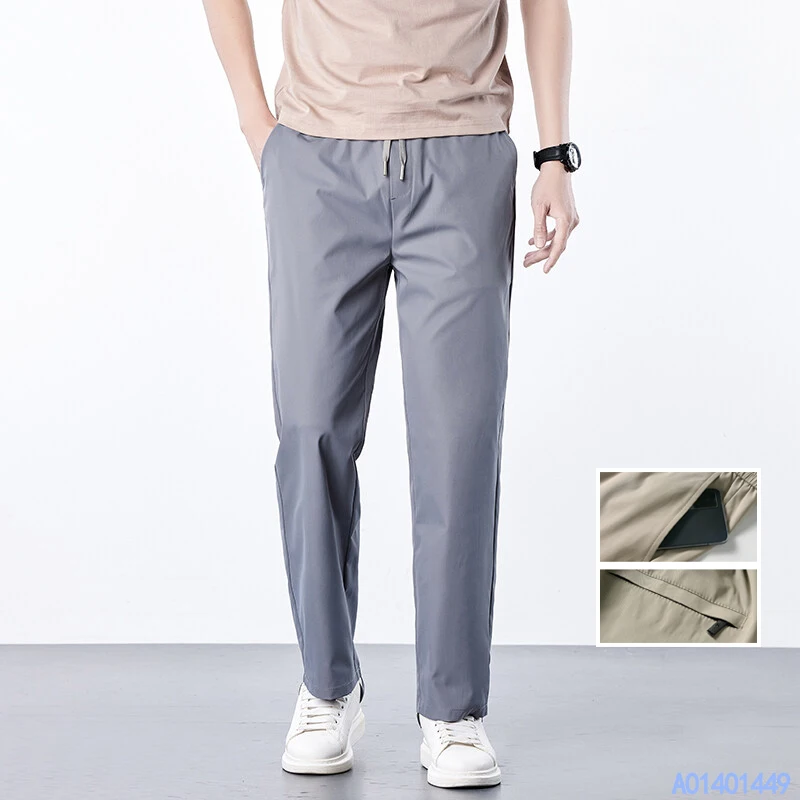 

Summer Men's Trousers Stretch Casual Pants Drawstring Ice Silk Big Size Quick Dry Light Grey Sports Travel Male Sweatpants Khaki