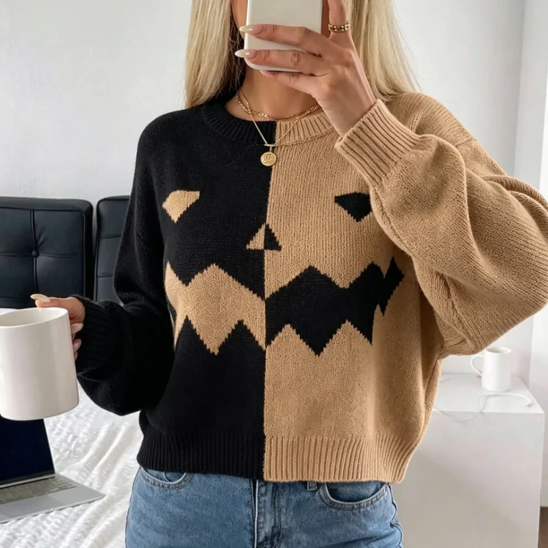 NEW Autumn Winter Women Halloween Pumpkin Face Contrast‑Color Knitted Sweater Long Sleeve Round Neck Pullover Party Knit Tops