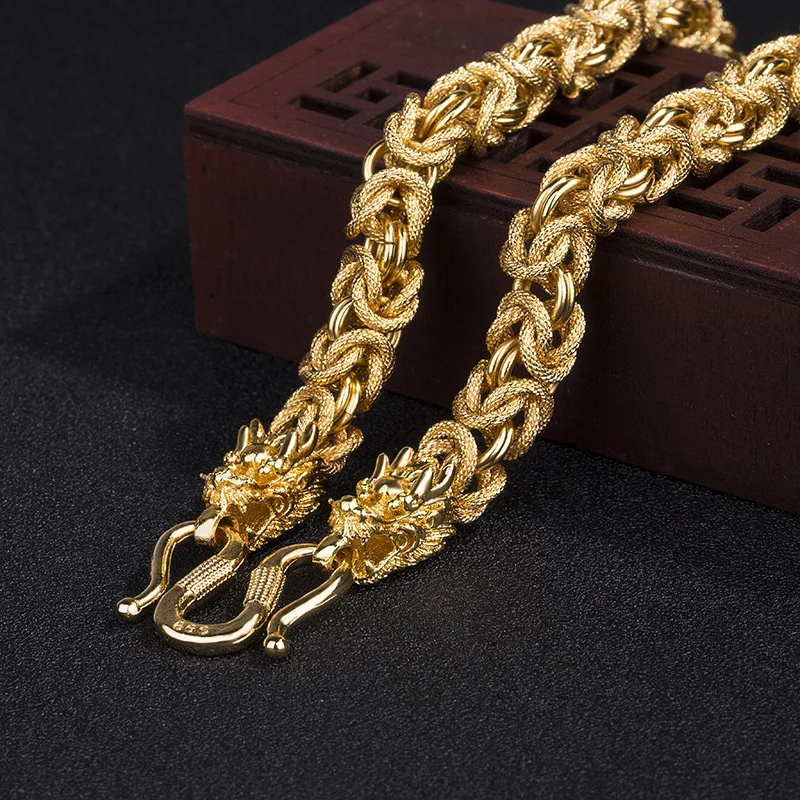 Vintage 24k Necklace Dragon Real Yellow Solid Gold Plated Men's Necklace Dragon Ring Curb Chain Jewelry Don't Fade Gold Plated