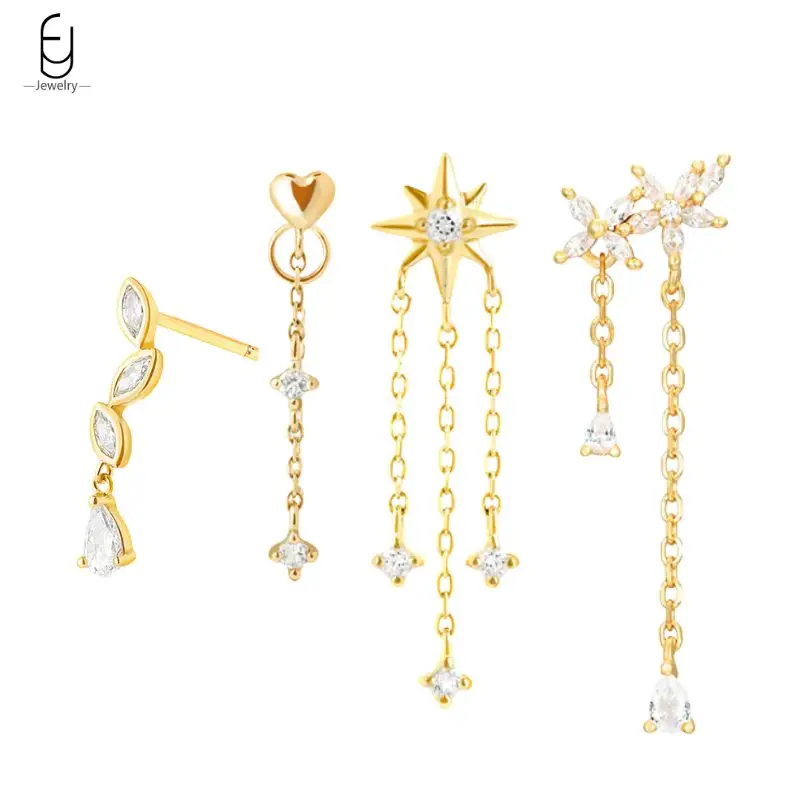 

925 Sterling Silver Needle Luxury Long Chain Tassel Earrings Flower Geometric Zircon Chain Stud Earrings for Women Fine Jewelry