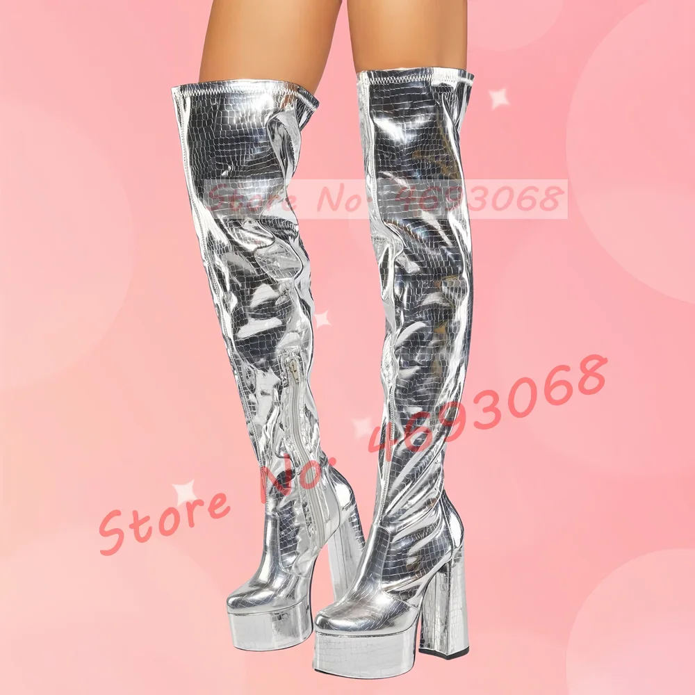 Platform Silver Crocodile Thigh High Boots Women Patent Leather Print High Chunky Heels Round Toe Modern Over The Knee Boots