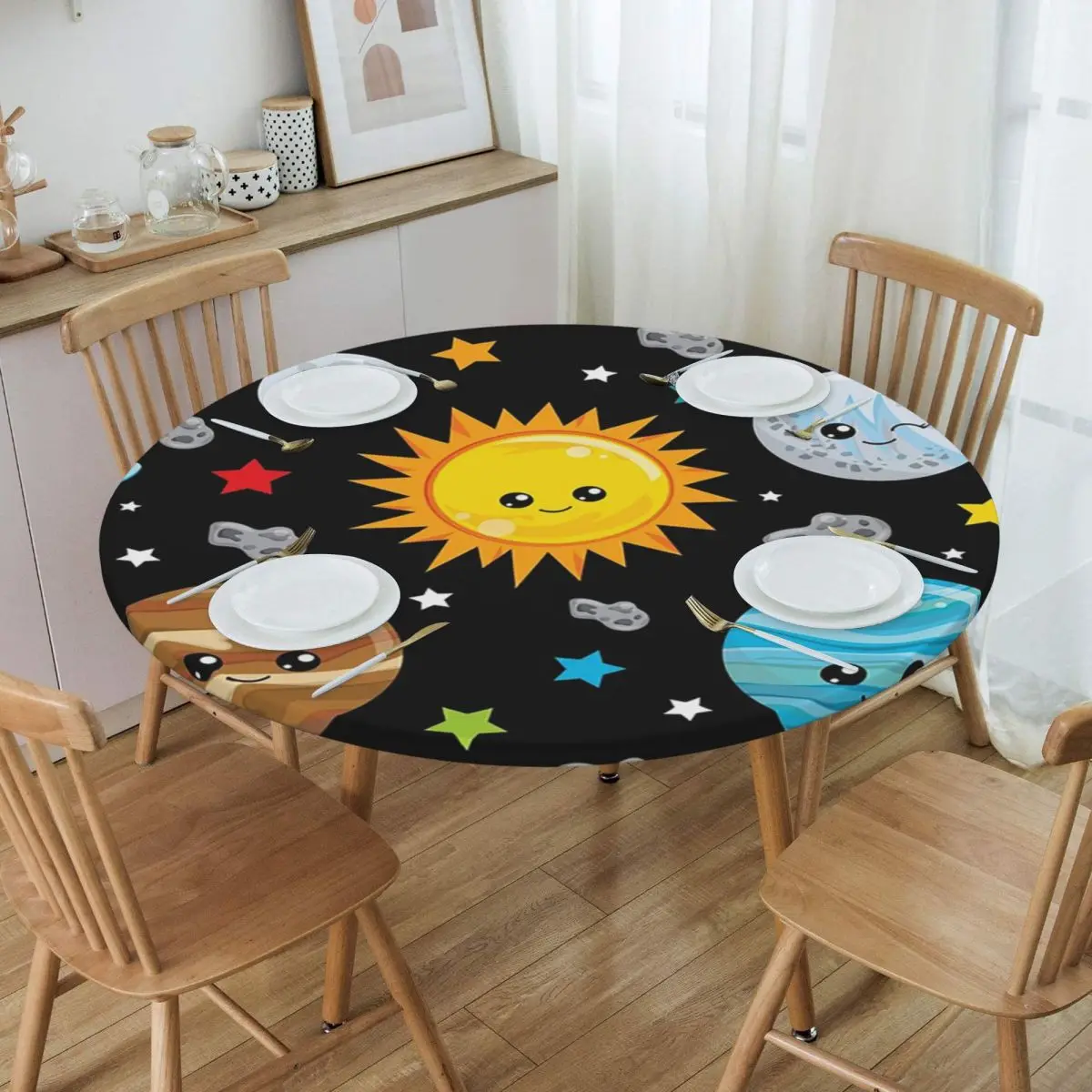 Kawaii Planets Cute Solar System Waterproof Round Tablecloth Oilproof Table Cloth for Kitchen Events Dining Table Cover