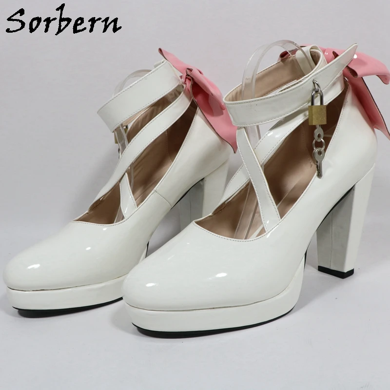 Sorbern White Shiny Women Pumps Pink Bowknot Ankle Cross Straps With Locks Block High Heel Visible Platform Lolita Style Shoes