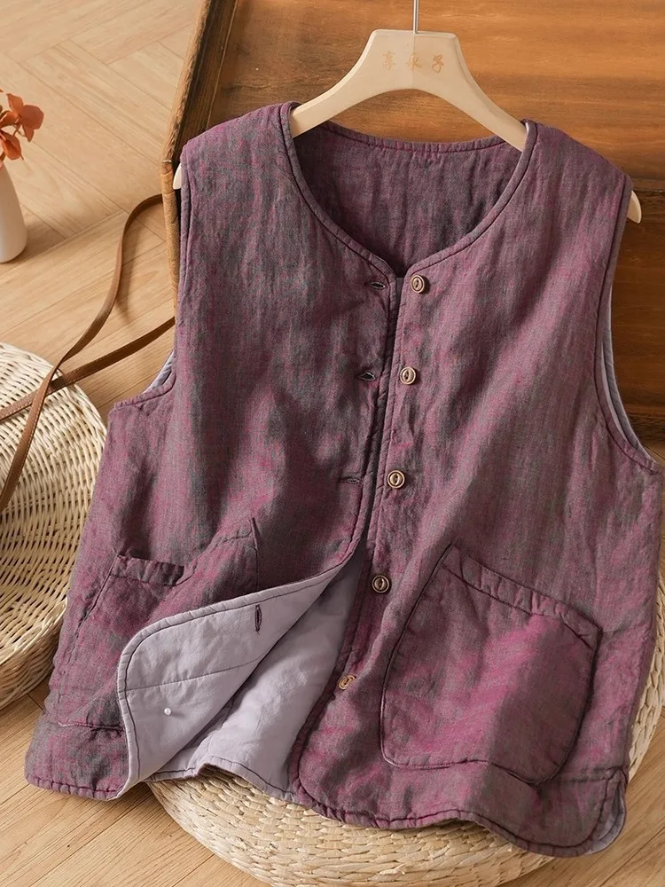 

Thiened Cotton Linen Warm Vest Coat Women's Loose Casual Cotton Coat Vest Top for Autumn Winter New Sle Faionable