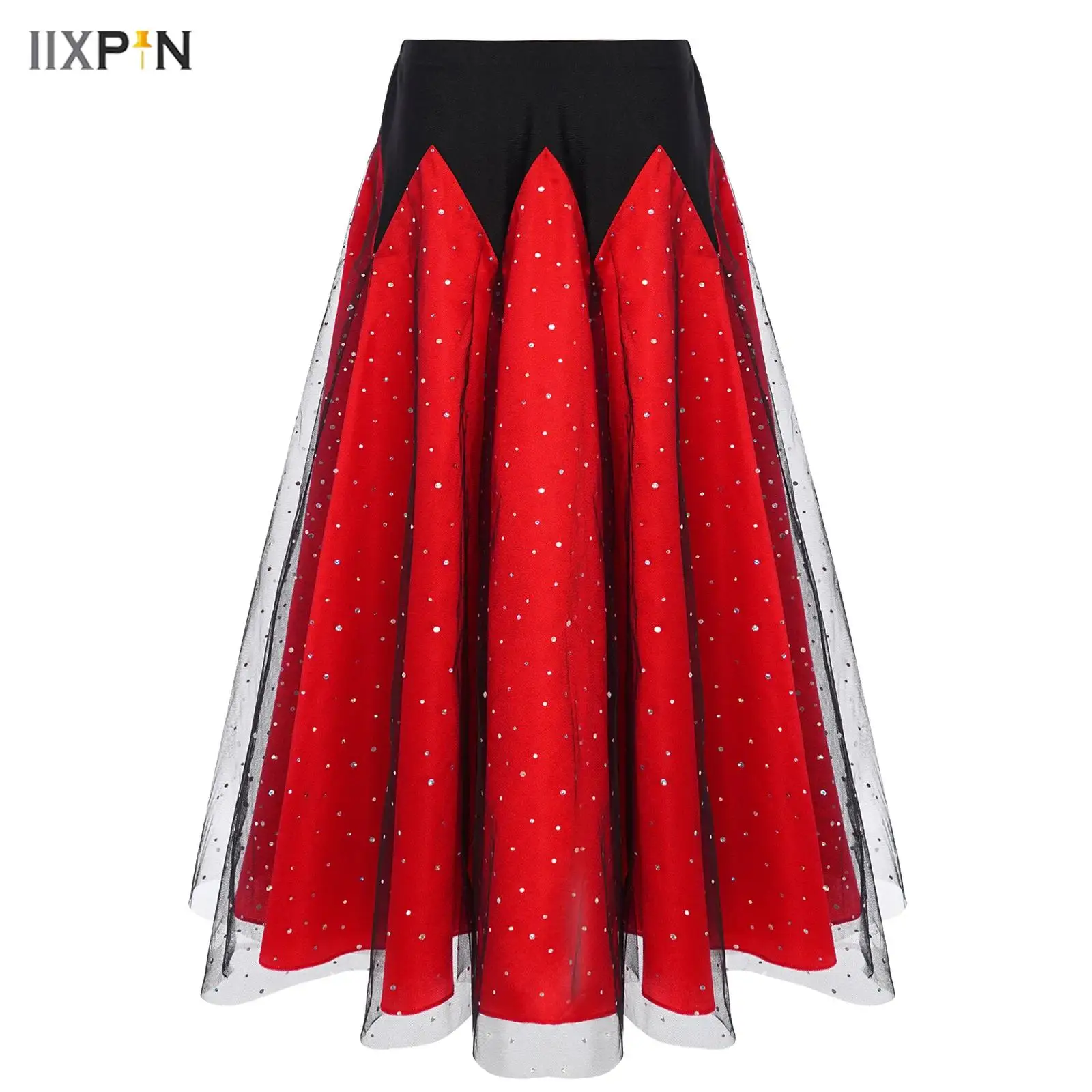 

Kids Girls Waltz Ballroom Dance Skirts Spanish Flamenco Dress Glittery Sequins Color Block Elastic Waistband Ruffled Tulle Skirt