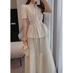 Temperament V Short Sleeve Suit Jacket Belt Waist Slim A Line Pleated Skirts 2024 Spring Two Piece Sets Korean Style Bodycon