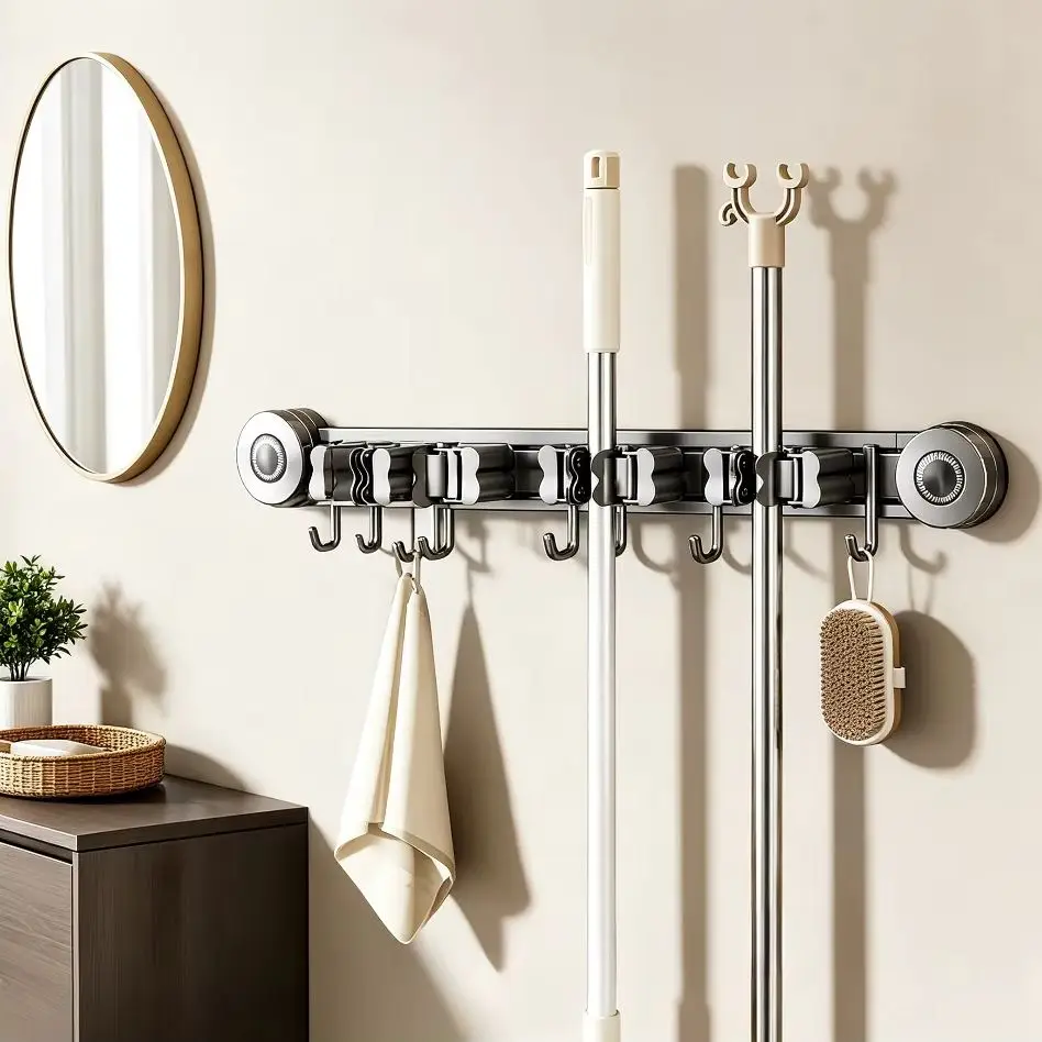 Drill-Free Suction Cup Broom Holder Wall Mount Cleaning Mop Storage Hooks