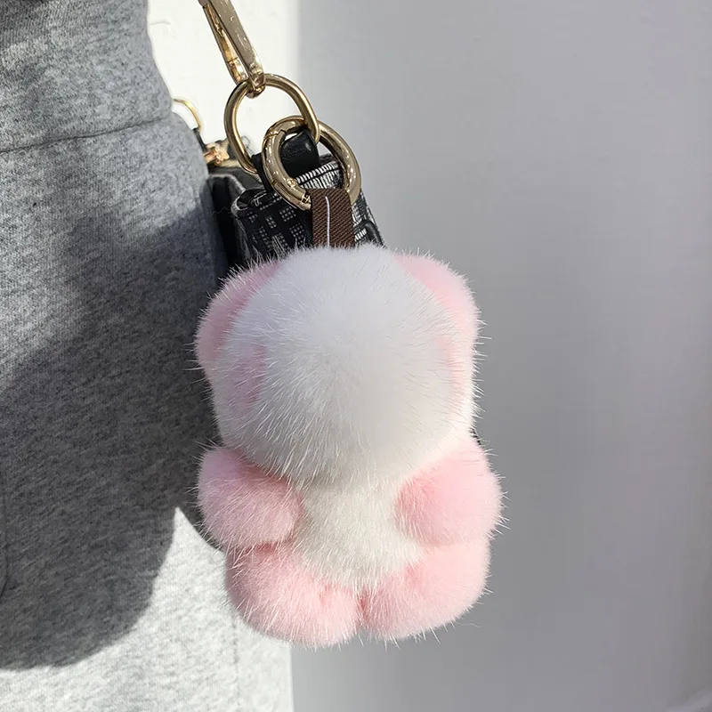 Women Bag Charm Trinkets Car Metal Key Rings Rear View Mirror Ornaments Cute Real Mink Fur Keychain Plush Panda Pendant Kids Toy