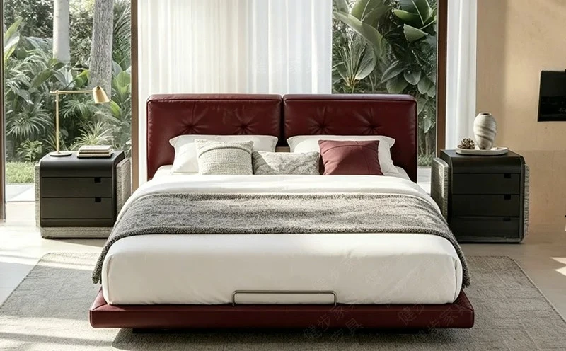 Modern minimalist leather bed First layer cowhide double bed Hotel adult leather art bed