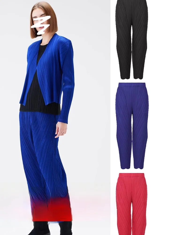 

High Waist Casual Pants Elastic Waist Pleated Slim Fit Summer Loose Style Pure Color Straight Leg Trousers for Women