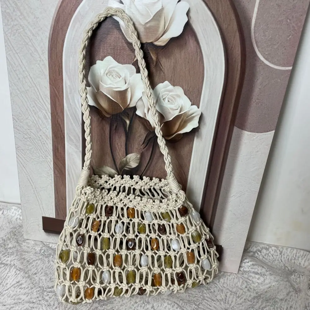 Korean Style Beaded Woven Bag Wax Rope Ethnic Style Hollow Out Shoulder Bag Vacation Style Braided Beads Weave Tote Bag Daily
