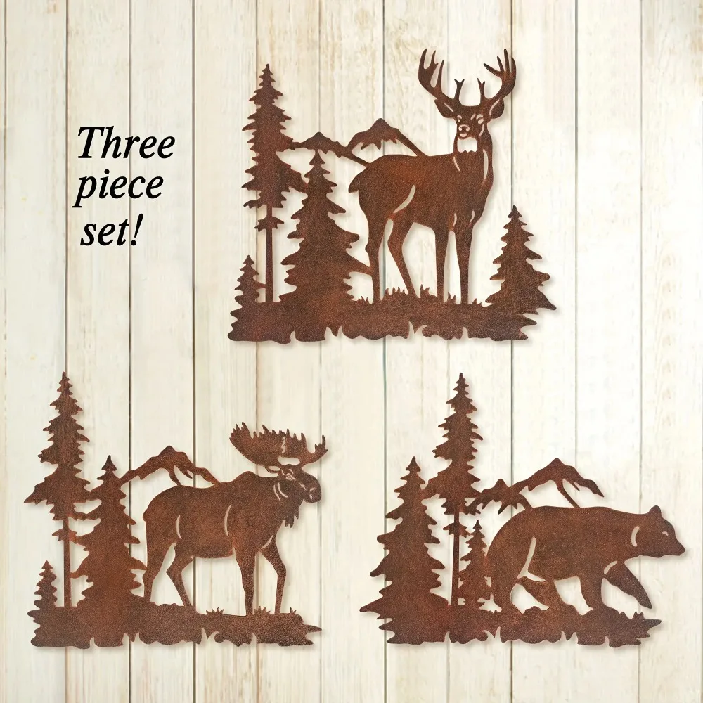 CIFBUY Iron Wall Art Rustic Forest Deer Bear Moose Metal Sculpture Hanging Pine Tree Plaque Home Decor Ornament