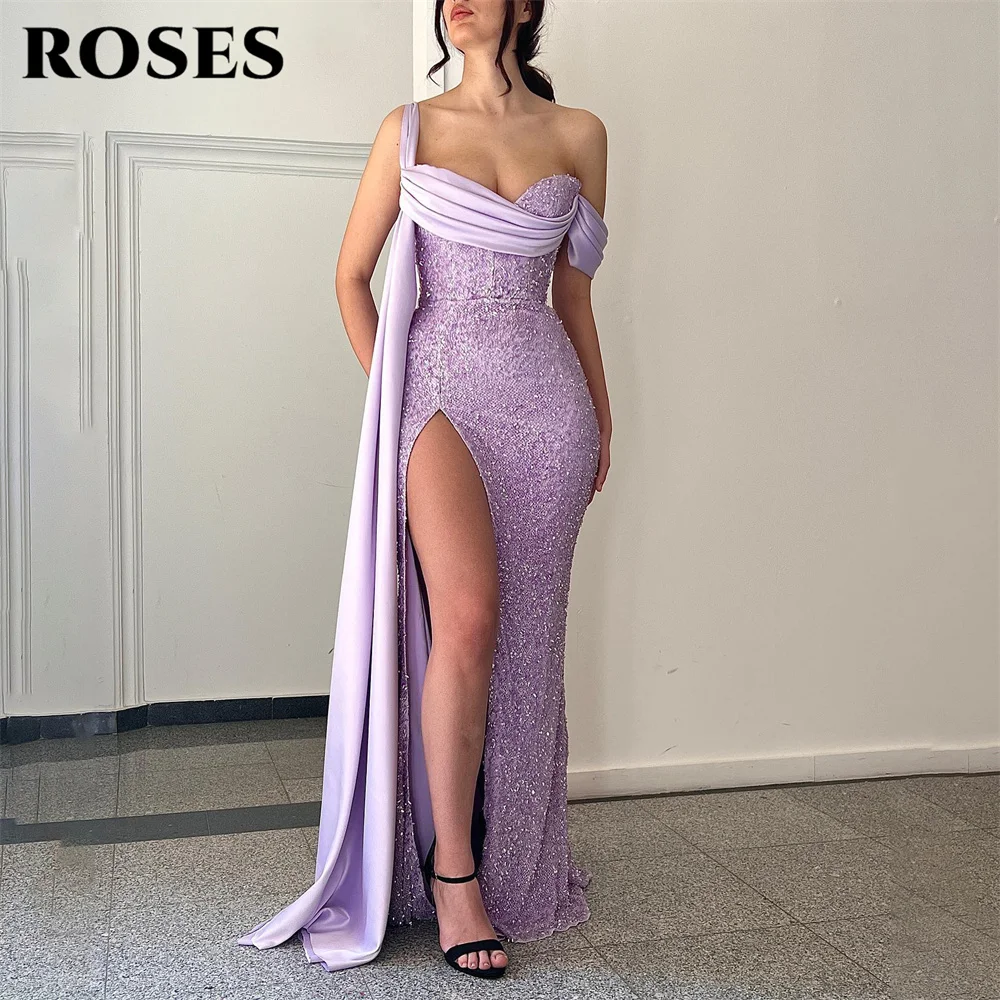 Rose abiti per occasioni speciali con una spalla abito formale lilla con paillettes abiti da sera lunghi con abiti da festa con spacco alto