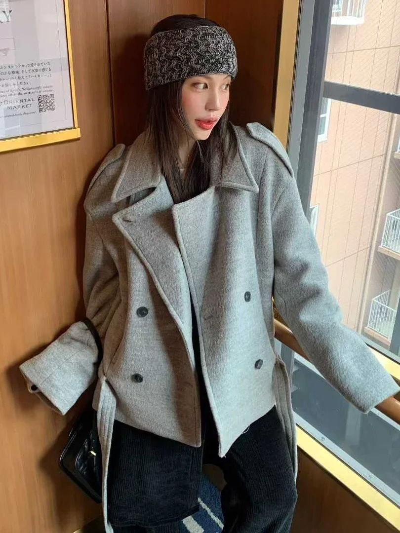 

Winter Warm Faionable Woolen Coat Women's Retro Collar Double Button Waist Belted Long Sve Outerwear Commute Sle