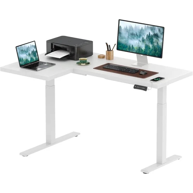 

63-Inch Large Dual Motor L-Shaped Electric Height Adjustable Standing Desk - Reversible Panel - White Top/White Frame -