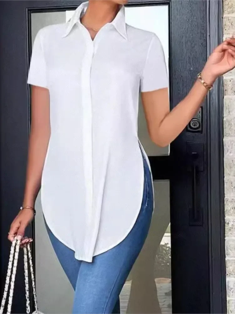 Women's Blouses Summer Casual White Short Sleeve Shirt Fashion OL Lapel Irregular Slim Shirts Women Clothing Streetwear Tops