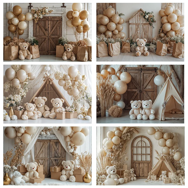 

Teddy Bear Photography Background Golden Balloons Wooden Door Baby Newborn Kid Birthday Party Decoration Photo Backdrop