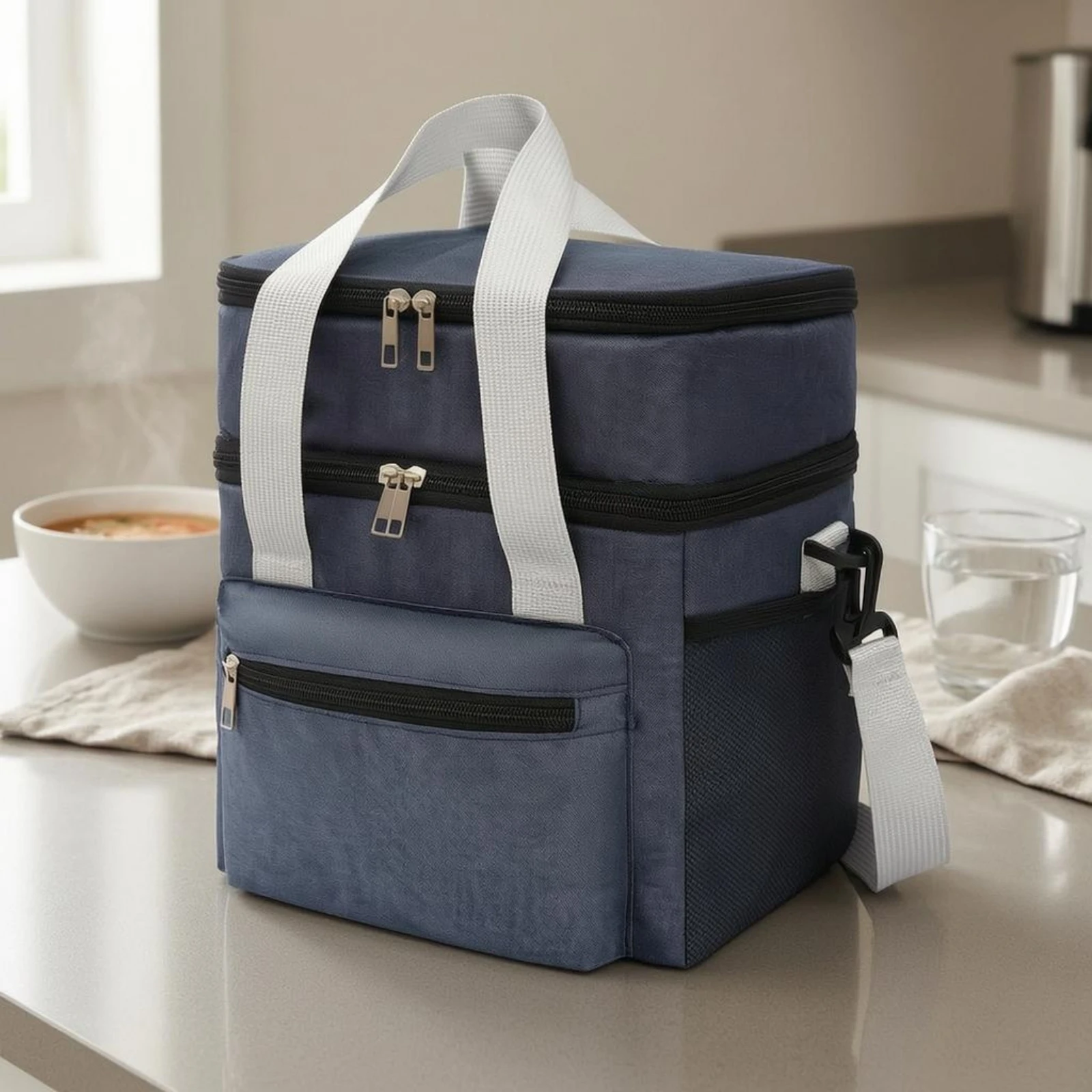 Insulated Lunch Bag Detachable Shoulder Strap Double-Layer Lunch Bag Food Carrier Side Mesh Pockets Lightweight