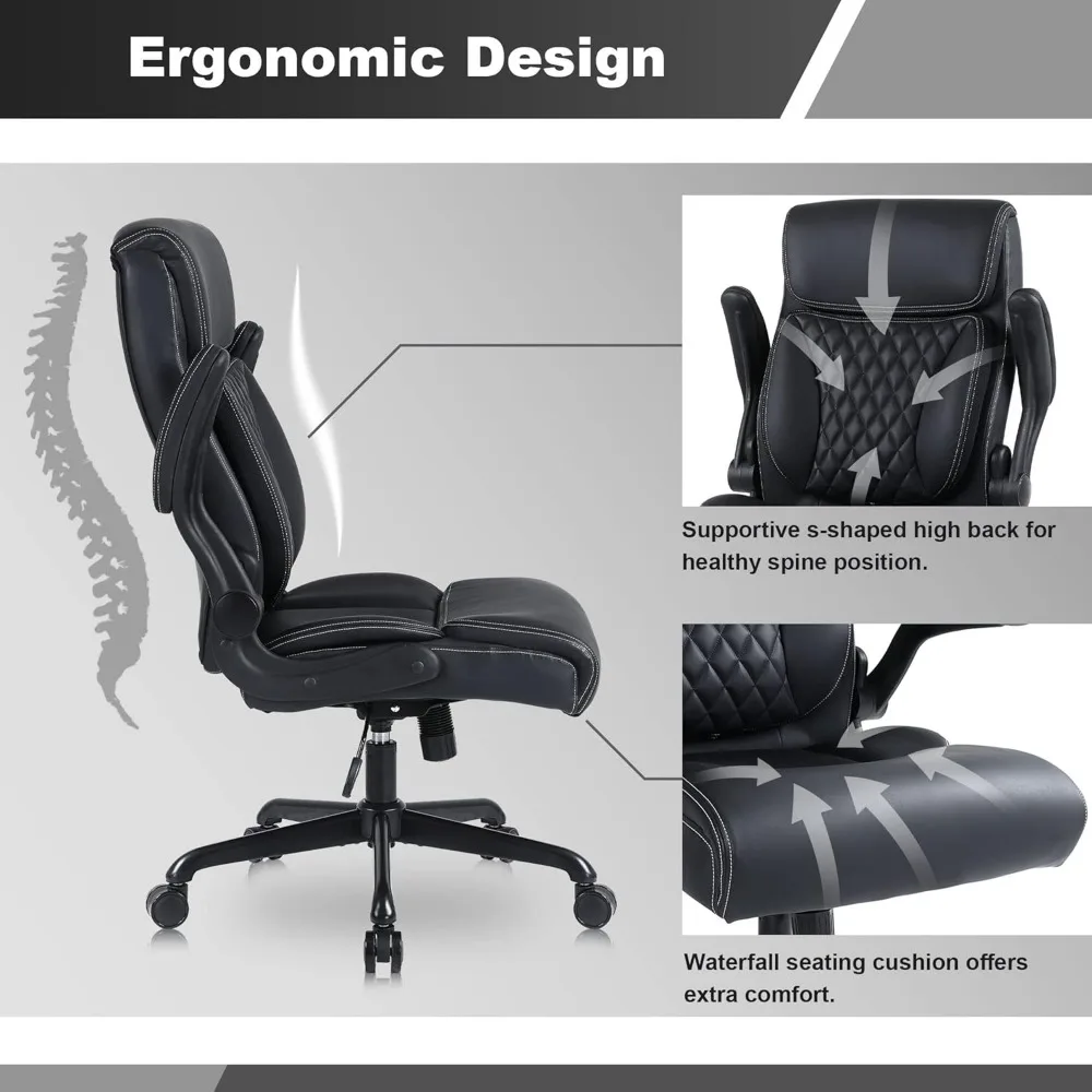 Kursi Kantor Eksekutif, Kursi Meja Komputer Kulit PU Ergonomis dengan Penopang Lumbar, Sandaran Tangan Flip-up, dan Tinggi Dapat Disesuaikan, fo