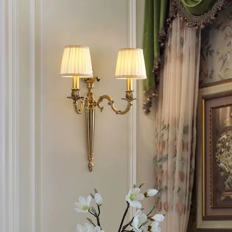 American Retro Copper Wall Lamps Double-headed Fabric Lampshade LED Wall Sconces Villa Hotel Lobby Living Room Luxury Background