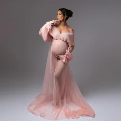 Trendy Pleated V Neck Pregnancy Maxi Prom Dresses Pink See Thru Organza Pleats Unique Formal Occasion Dress Celebrity Prom Party