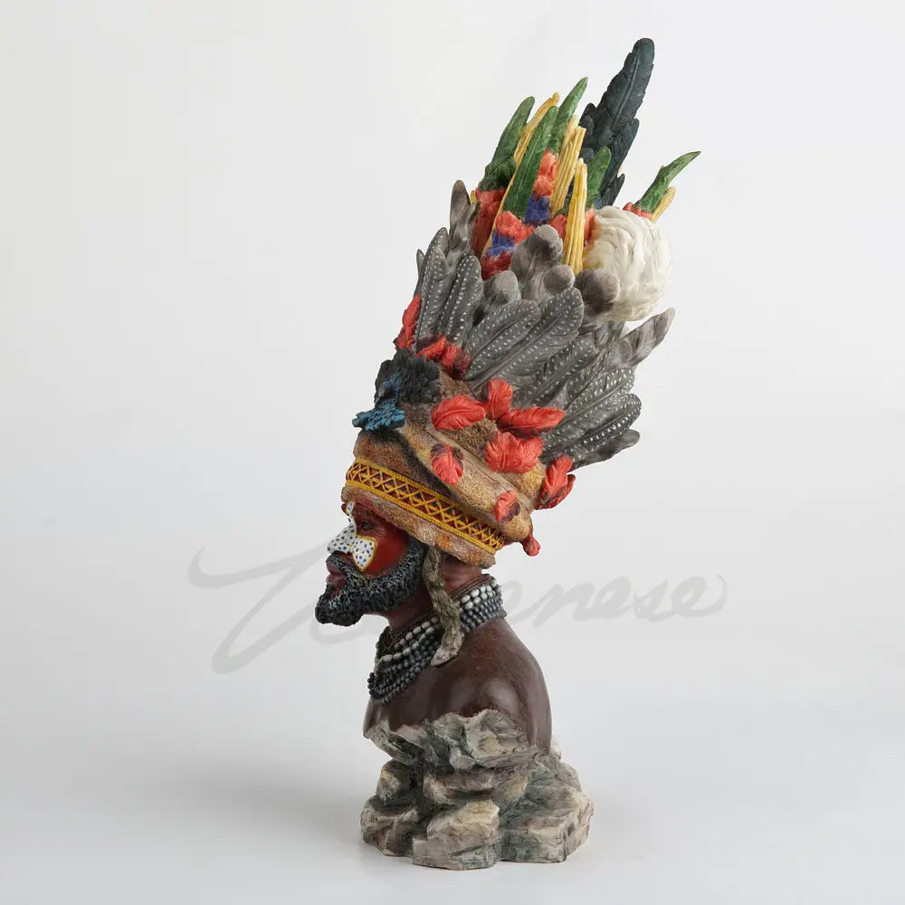 African Tribal Chief Bust Statue with Feather Headdress Hand Painted Resin Figurine Home Office Decorative Ornament Gift