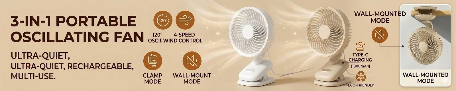 Clip-Ventilator, Kinderwagen-Ventilator, 1800mAh wiederaufladbarer tragbarer Ventilator mit 4 Geschwindigkeiten, 120° ° Automatisch oszillierender Tischventilator – Detail 1