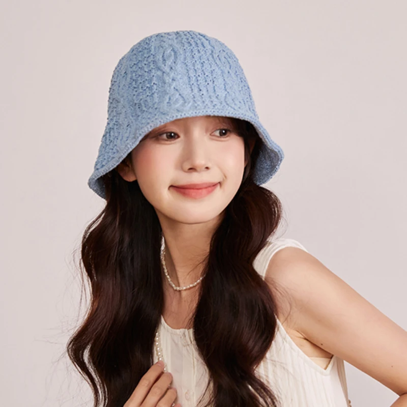 Spring and Summer Ice Silk Fabric Hollow Bucket Hats Women Korean Sweet Versatile Cute Dome Sunscreen Breathable Basin Caps