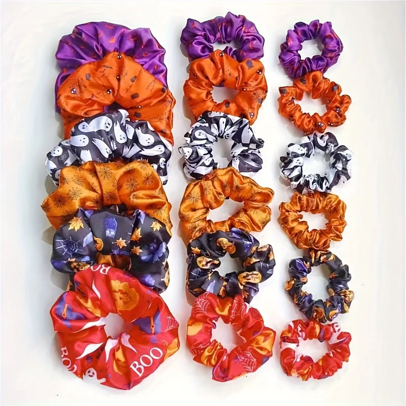 1/6pcs Halloween Scrunchie Spooky Pumpkin Ghost Bat Prints Hair Ties Women Hair Rope Elastic Headwear Hair Accessories Set Gifts