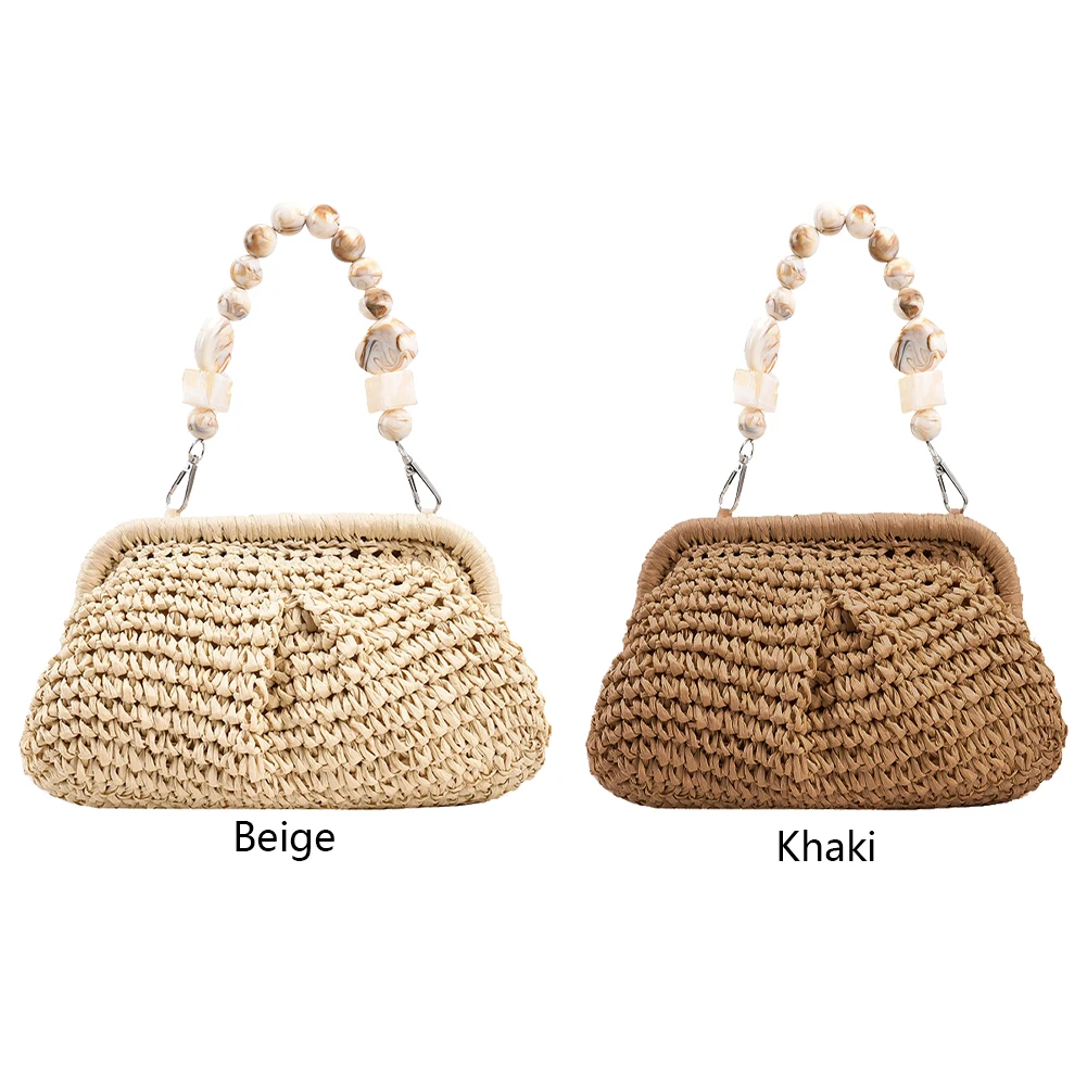 Sac à main de plage de styliste d'été, sac à bandoulière avec chaîne Hobo, sacs tissés en paille pour femmes, petit sac seau avec chaîne en pierre, 2023