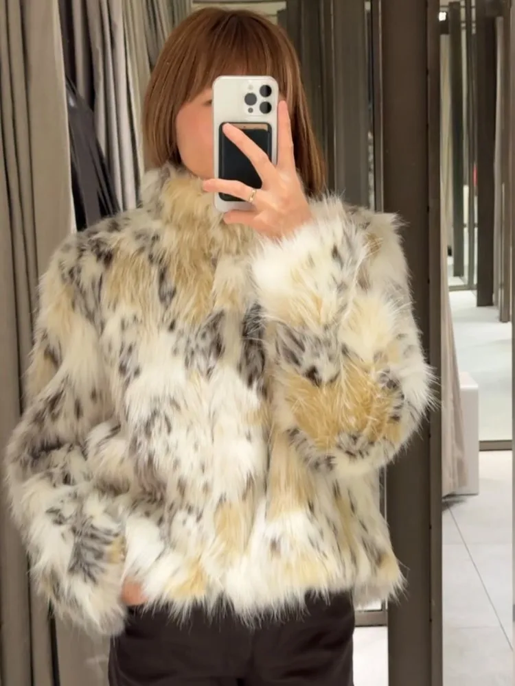 Animal Print Fluffy Faux Fur Coats For Women Chic Thick Warmth Stand Collar Jacket 2025 New Winter Street Long Sleeve Outerwear